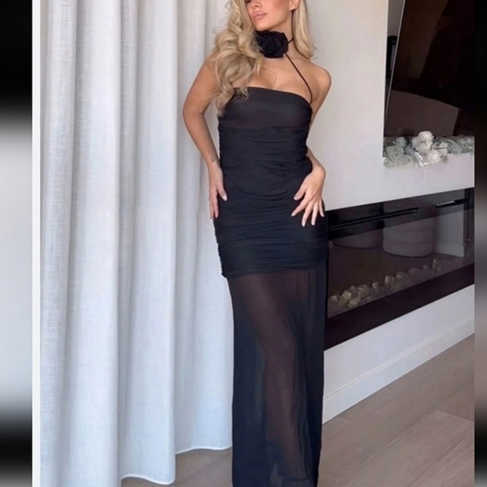 NWT BLACK EVENING FLORAL TULLE DRESS